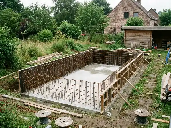 Betonnen zwembadkuip in opbouw met wapening en bekisting